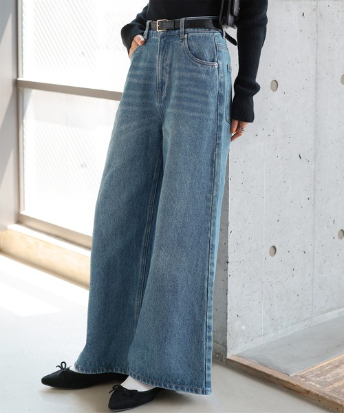 ヘリル　ネップドワイドデニム　美品 低身長向けサイズ ] ウエスト調整ゴム付きワイドデニムパンツ（デニム