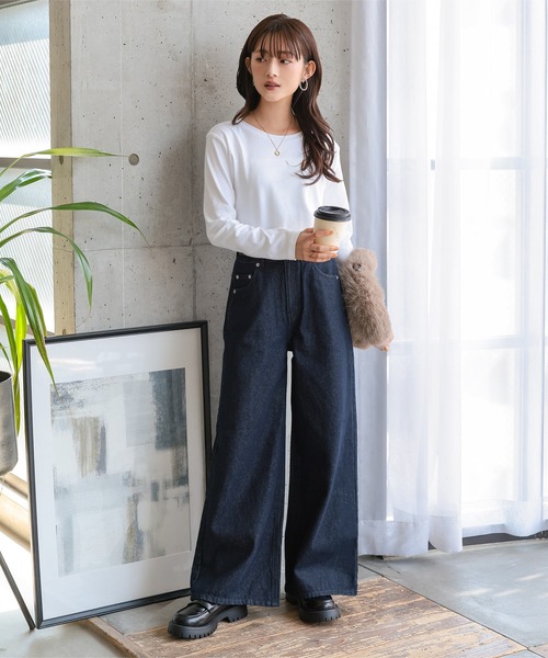 Petitle（プチレ）の「[ 低身長向けサイズ ] ウエスト調整ゴム付きワイドデニムパンツ（デニムパンツ・レディース・ライトブルー/ブルー/インディゴブルー・PL/PM/PS）」の19枚目の写真