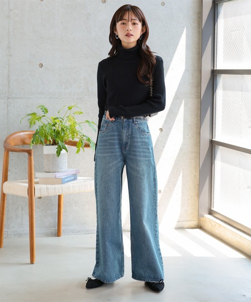 Petitle（プチレ）の「[ 低身長向けサイズ ] ウエスト調整ゴム付きワイドデニムパンツ（デニムパンツ・レディース・ライトブルー/ブルー/インディゴブルー・PL/PM/PS）」の21枚目の写真