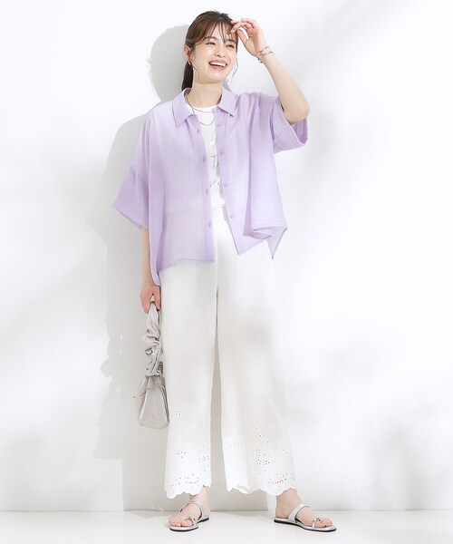 Cutie Blonde（キューティーブロンド）の「ゆるっと感がこなれ見え ワッシャーシアー半袖シャツ（シャツ/ブラウス・レディース・ライトイエロー系/チャコールグレー/レッド系1/パープル/ブルー系その他/ライトグリーン・00）」の10枚目の写真