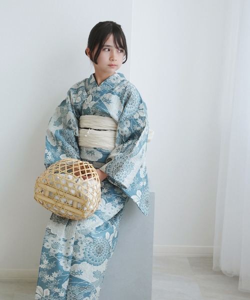 utatane 浴衣、帯セット　ひよこ商店オリジナルデザイン 国内染色 ジュニア浴衣3点セット ひよこ商店 青碧色に菊爛漫（浴衣