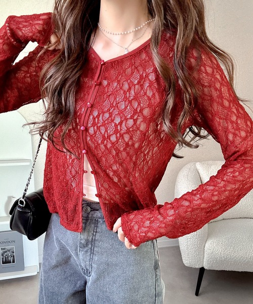 mily bilet（ミウィビレット）の「【mily bilet】華奢見えレースで大人の甘さを。クリアボタンシアーレースカーディガン（長袖）（カーディガン/ボレロ・レディース・バーガンディー/アイボリー/ブラック・X-LARGE/SMALL/MEDIUM/LARGE）」の18枚目の写真