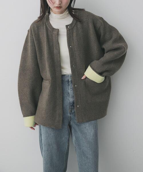 SENSE OF PLACE by URBAN RESEARCH（センスオブプレイスバイアーバンリサーチ）の「バイカラーニットコート（その他アウター・レディース・その他1/グレー系その他/ブラウン系その他/イエロー系その他・ONE）」の2枚目の写真