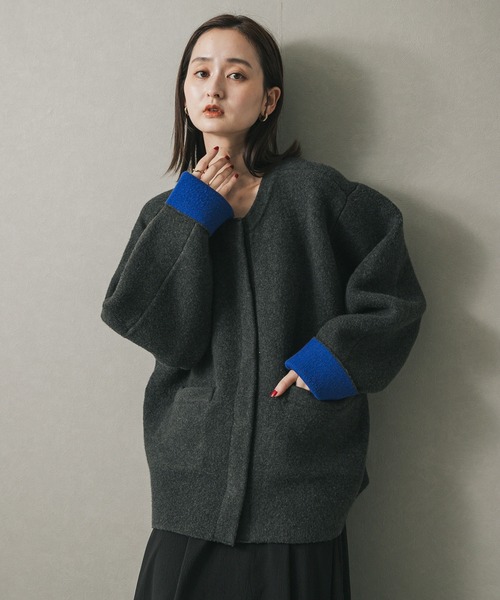 un3d. バイカラーニットコート セール】バイカラーニットコート（ノーカラーコート）｜SENSE OF