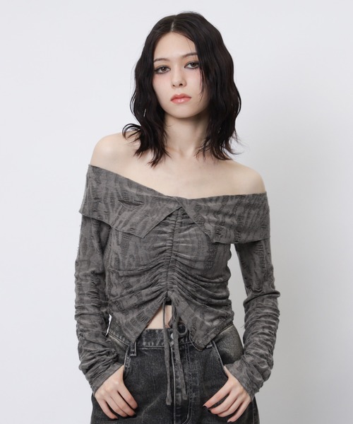 SPIRALGIRL(スパイラルガール)の「フロントギャザートップス(Tシャツ/カットソー・レディース・グレー/ブラック/オフホワイト・FREE)」の3枚目の写真