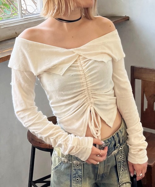 SPIRALGIRL(スパイラルガール)の「フロントギャザートップス(Tシャツ/カットソー・レディース・グレー/ブラック/オフホワイト・FREE)」の1枚目の写真