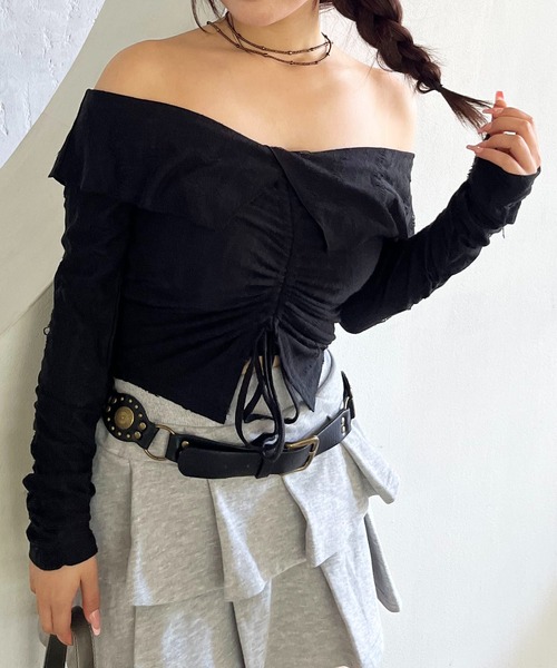 SPIRALGIRL(スパイラルガール)の「フロントギャザートップス(Tシャツ/カットソー・レディース・グレー/ブラック/オフホワイト・FREE)」の2枚目の写真