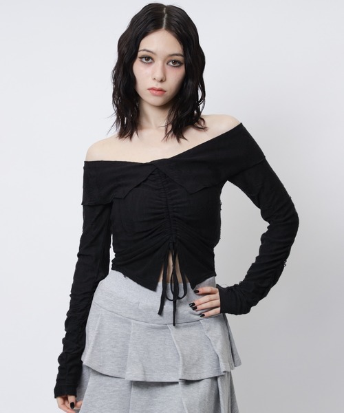 SPIRALGIRL(スパイラルガール)の「フロントギャザートップス(Tシャツ/カットソー・レディース・グレー/ブラック/オフホワイト・FREE)」の17枚目の写真