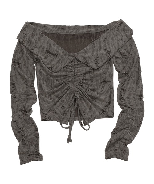 SPIRALGIRL(スパイラルガール)の「フロントギャザートップス(Tシャツ/カットソー・レディース・グレー/ブラック/オフホワイト・FREE)」の4枚目の写真