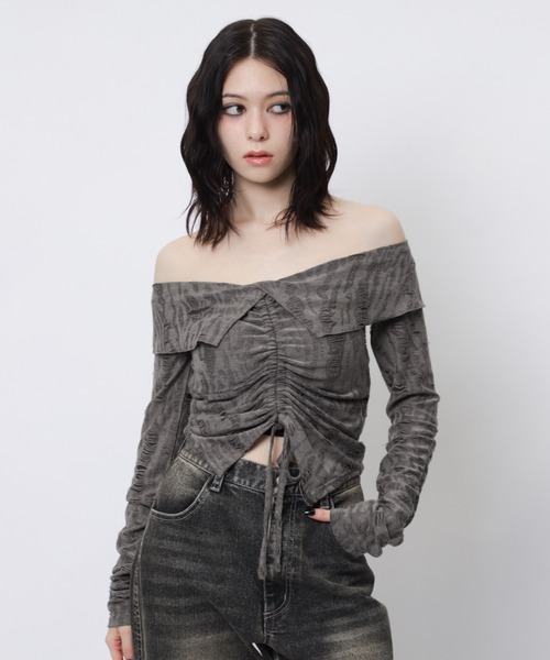 SPIRALGIRL(スパイラルガール)の「フロントギャザートップス(Tシャツ/カットソー・レディース・グレー/ブラック/オフホワイト・FREE)」の5枚目の写真