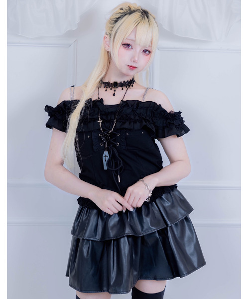 ililil(イルイルイル)の「『ililil/イルイルイル』【地雷ちゃんのあざとレースアップ2wayオフショルトップス】(Tシャツ/カットソー・レディース・ブラック・FREE)」の21枚目の写真