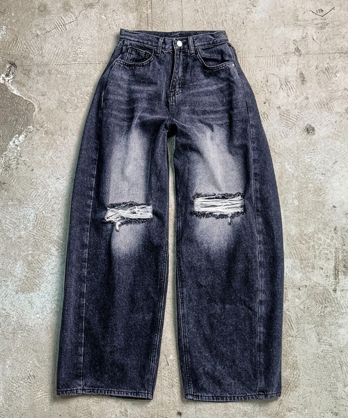 MAISON SELECT（メゾンセレクト）の「7D36 クラッシュ ダメージワイドデニム ルーズデニム　カーブパンツ（デニムパンツ・レディース・ダークブルー/ブラック/ブルー・S/M/L/XL）」の12枚目の写真