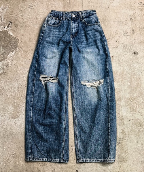 MAISON SELECT（メゾンセレクト）の「7D36 クラッシュ ダメージワイドデニム ルーズデニム　カーブパンツ（デニムパンツ・レディース・ダークブルー/ブラック/ブルー・S/M/L/XL）」の13枚目の写真