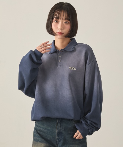 Snap club（スナップクラブ）の「【Snap club】ヴィンテージスプレー加工 メタルプレートグラデーションスウェットポロシャツ（スウェット・レディース・ブラック/レッド/ネイビー・M/L）」の20枚目の写真