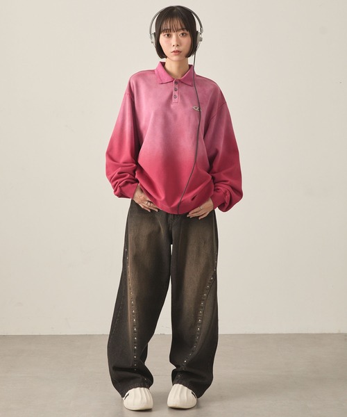 Snap club（スナップクラブ）の「【Snap club】ヴィンテージスプレー加工 メタルプレートグラデーションスウェットポロシャツ（スウェット・レディース・ブラック/レッド/ネイビー・M/L）」の14枚目の写真