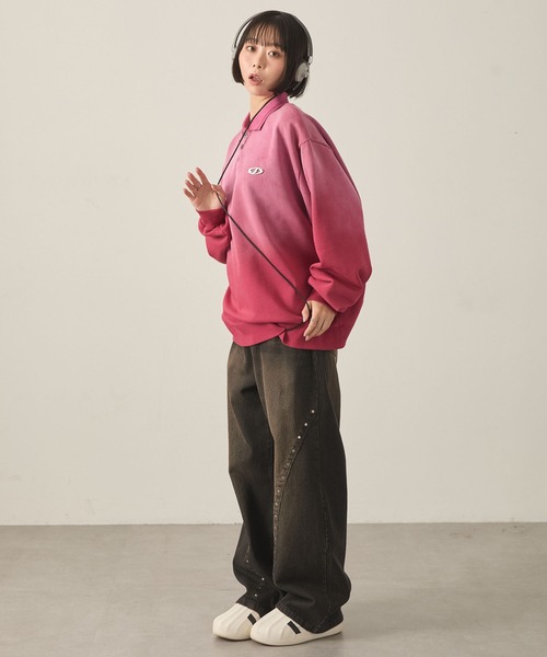 Snap club（スナップクラブ）の「【Snap club】ヴィンテージスプレー加工 メタルプレートグラデーションスウェットポロシャツ（スウェット・レディース・ブラック/レッド/ネイビー・M/L）」の16枚目の写真