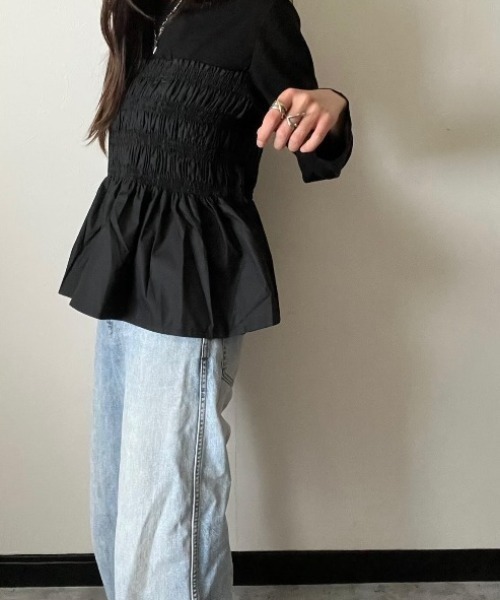 deux amour(ドゥーザムール)の「胸ギャザーロングトップス(Tシャツ/カットソー・レディース・グレー/ブラック・M~L)」の8枚目の写真