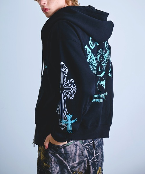 セール】エンジェル グラフィックプリント 裏起毛 スウェット ジップ