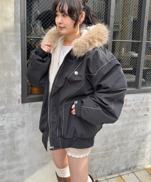 セール】【取り外し可能】ファーフードステッチブルゾン（ダウン