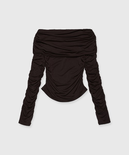 JOSE MOON（ジョゼムーン）の「GATHER OFFSHOULDER LONG TOPS/ギャザーオフショルダーロングトップス（Tシャツ/カットソー・レディース・ホワイト/ブラウン/ブラック/グレー・FREE）」の4枚目の写真