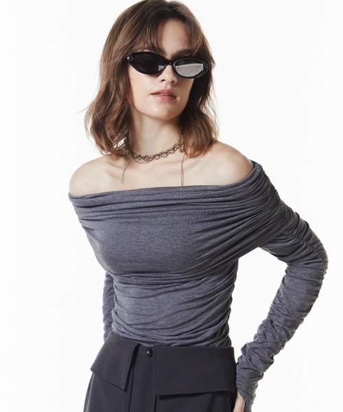 GATHER OFFSHOULDER LONG TOPS/ギャザーオフショルダーロングトップス