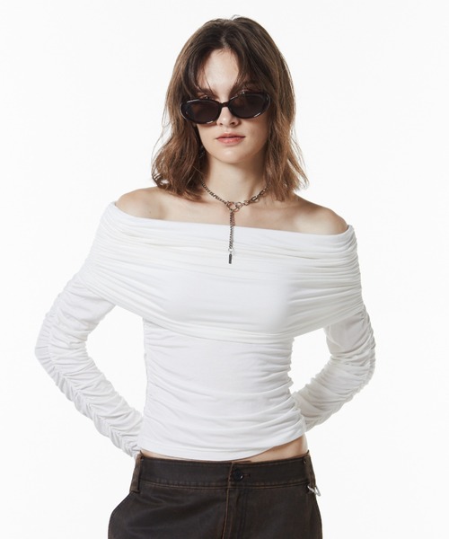 GATHER OFFSHOULDER LONG TOPS/ギャザーオフショルダーロング