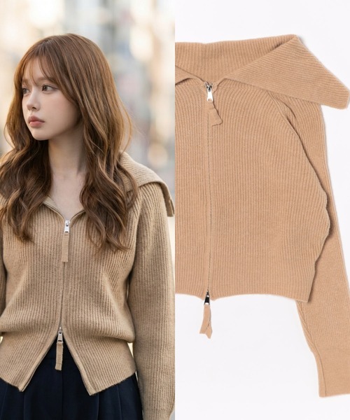 L LABEL(エルラベル)の「セーラーカラーダブルジップニットカーディガン(ニット/セーター・レディース・ブラウン/ベージュ/グレー/アイボリー/ブラック・FREE)」の5枚目の写真