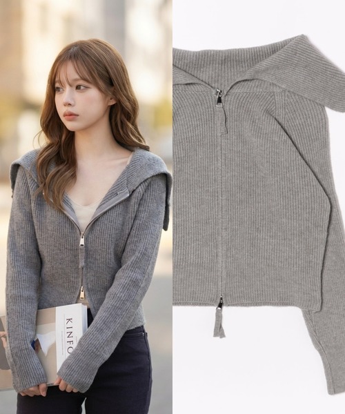 L LABEL(エルラベル)の「セーラーカラーダブルジップニットカーディガン(ニット/セーター・レディース・ブラウン/ベージュ/グレー/アイボリー/ブラック・FREE)」の4枚目の写真