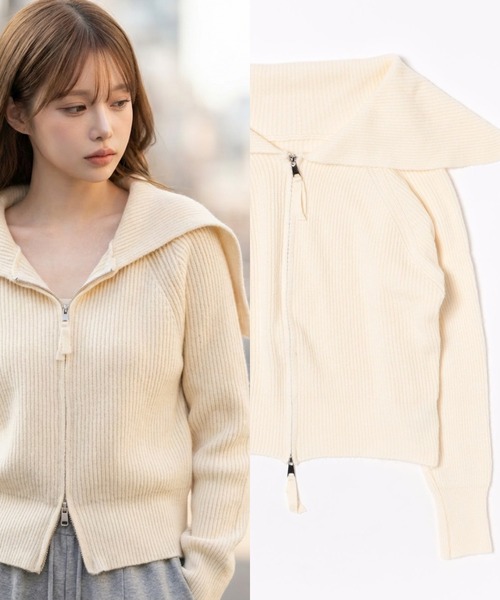L LABEL(エルラベル)の「セーラーカラーダブルジップニットカーディガン(ニット/セーター・レディース・ブラウン/ベージュ/グレー/アイボリー/ブラック・FREE)」の2枚目の写真