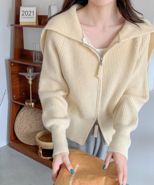 L LABEL(エルラベル)の「セーラーカラーダブルジップニットカーディガン(ニット/セーター・レディース・ブラウン/ベージュ/グレー/アイボリー/ブラック・FREE)」の9枚目の写真
