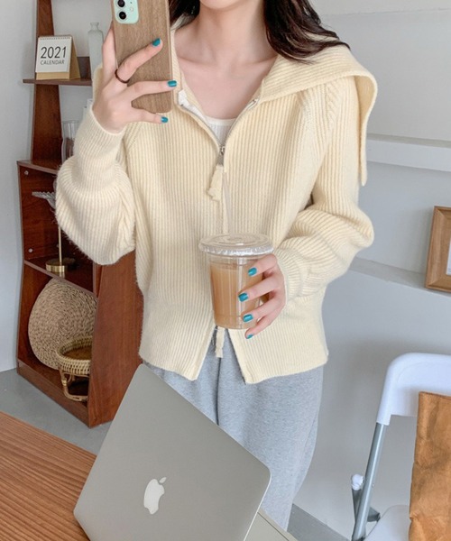 L LABEL(エルラベル)の「セーラーカラーダブルジップニットカーディガン(ニット/セーター・レディース・ブラウン/ベージュ/グレー/アイボリー/ブラック・FREE)」の10枚目の写真