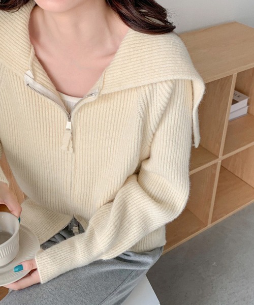 L LABEL(エルラベル)の「セーラーカラーダブルジップニットカーディガン(ニット/セーター・レディース・ブラウン/ベージュ/グレー/アイボリー/ブラック・FREE)」の11枚目の写真