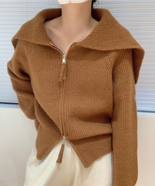 L LABEL(エルラベル)の「セーラーカラーダブルジップニットカーディガン(ニット/セーター・レディース・ブラウン/ベージュ/グレー/アイボリー/ブラック・FREE)」の6枚目の写真