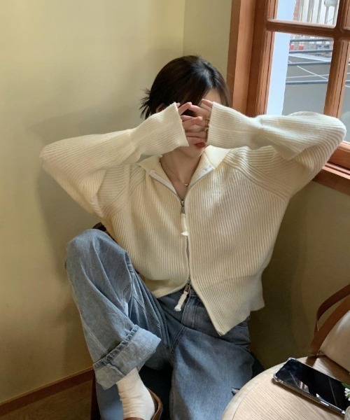 L LABEL(エルラベル)の「セーラーカラーダブルジップニットカーディガン(ニット/セーター・レディース・ブラウン/ベージュ/グレー/アイボリー/ブラック・FREE)」の17枚目の写真