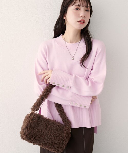 chi　Ｃニット エクリュ セール】スタンドネック袖口釦ゆるニット（ニット/セーター）｜natural