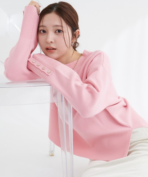 natural couture（ナチュラルクチュール）の「スタンドネック袖口釦ゆるニット（ニット/セーター・レディース・ホワイト系その他/ピンク/イエロー/ブラック/サックスブルー/アイボリー/オレンジ/ミント/ネイビー/ピンク系その他・FREE）」の16枚目の写真