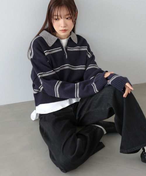 Bab（バブ）の「マルチボーダーポロニット（ニット/セーター・レディース・グレー/ブラウン/ネイビー・FREE）」の3枚目の写真