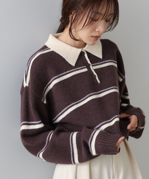 Bab（バブ）の「マルチボーダーポロニット（ニット/セーター・レディース・グレー/ブラウン/ネイビー・FREE）」の2枚目の写真