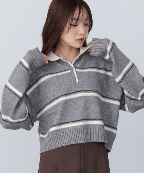 Bab（バブ）の「マルチボーダーポロニット（ニット/セーター・レディース・グレー/ブラウン/ネイビー・FREE）」の4枚目の写真