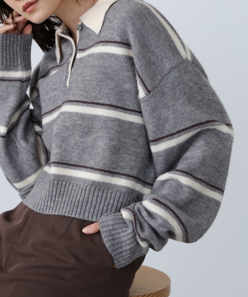 Bab（バブ）の「マルチボーダーポロニット（ニット/セーター・レディース・グレー/ブラウン/ネイビー・FREE）」の5枚目の写真
