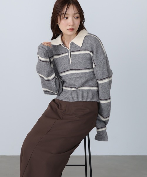 Bab（バブ）の「マルチボーダーポロニット（ニット/セーター・レディース・グレー/ブラウン/ネイビー・FREE）」の6枚目の写真
