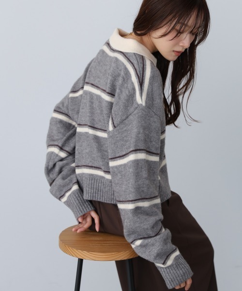 Bab（バブ）の「マルチボーダーポロニット（ニット/セーター・レディース・グレー/ブラウン/ネイビー・FREE）」の9枚目の写真