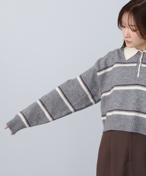 Bab（バブ）の「マルチボーダーポロニット（ニット/セーター・レディース・グレー/ブラウン/ネイビー・FREE）」の13枚目の写真