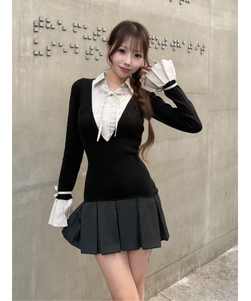 シャツドッキングプリーツミニワンピース（ワンピース）｜Darich