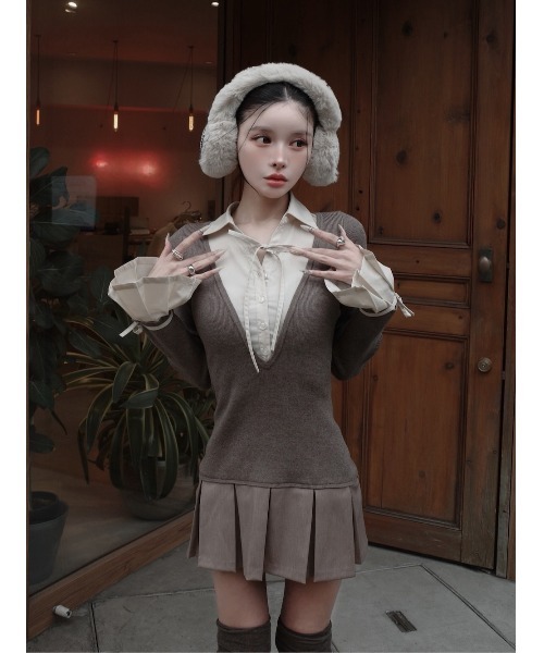 ダーリッチ シャツドッキングプリーツミニワンピース グレー♡ ダーリッチ Darich シャツドッキングプリーツミニワンピース （グレー