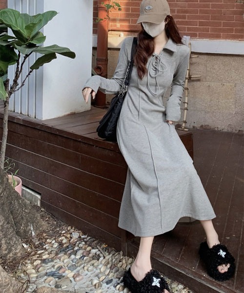 i-dare(アイディア)の「【i-dare】レースアップポロカラーワンピース(ワンピース・レディース・グレー・SMALL/MEDIUM/LARGE/X-LARGE)」の1枚目の写真