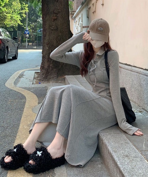 i-dare(アイディア)の「【i-dare】レースアップポロカラーワンピース(ワンピース・レディース・グレー・SMALL/MEDIUM/LARGE/X-LARGE)」の4枚目の写真
