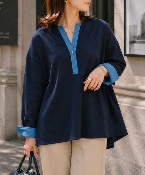 Emma Taylor(エマテイラー)の「【こなれ感が◎】ライトダンボールデニムドッキングプルオーバー(Tシャツ/カットソー・レディース・MD.Gray/ブラック/ネイビー・FREE)」の3枚目の写真