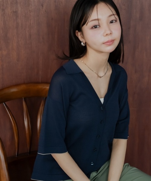 Petitjo（プッチージョ）の「小さいサイズ　スキッパーニットカーディガン　低身長さん・小柄女性（カーディガン/ボレロ・レディース・ベージュ/ネイビー・M-L/XS-S）」の6枚目の写真