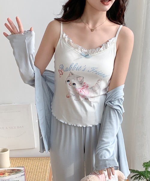 pyornim(ピョルニム)の「【26年春夏新作】【3点セット】カップインキャミ カーディガン ロングパンツ ルームウェア上下 3点セット(ルームウェア/パジャマ・レディース・ホワイト/ホワイト系その他/ブルー/ブラック・M/L)」の4枚目の写真